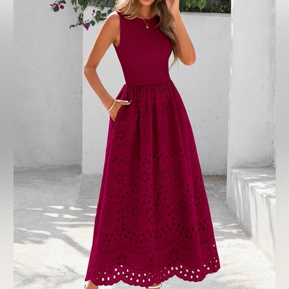 Sleeveless Crewneck A-Line Boho Lace Eyelet Cotton Tank Maxi Dress with Pockets